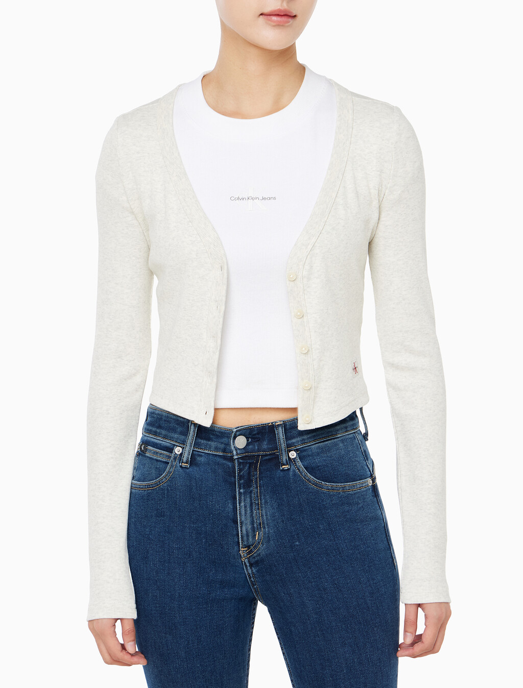 Buy 여성 우븐라벨 베이비립 가디건 in color VANILLA HEATHER