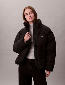 Buy 여성 미드 랭스 후드 다운 in color BLACK