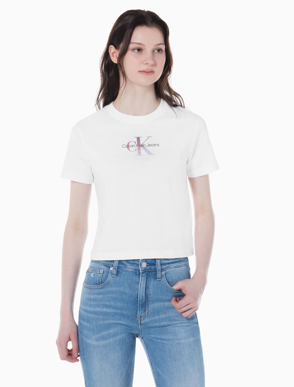 Buy 여성 모노그램 로고 모던 스트레이트핏 반팔 티셔츠 in color BRIGHT WHITE