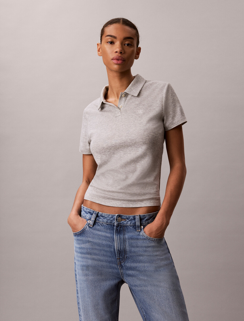 Buy 여성 드레이피 피케 폴로 in color GREY HEATHER