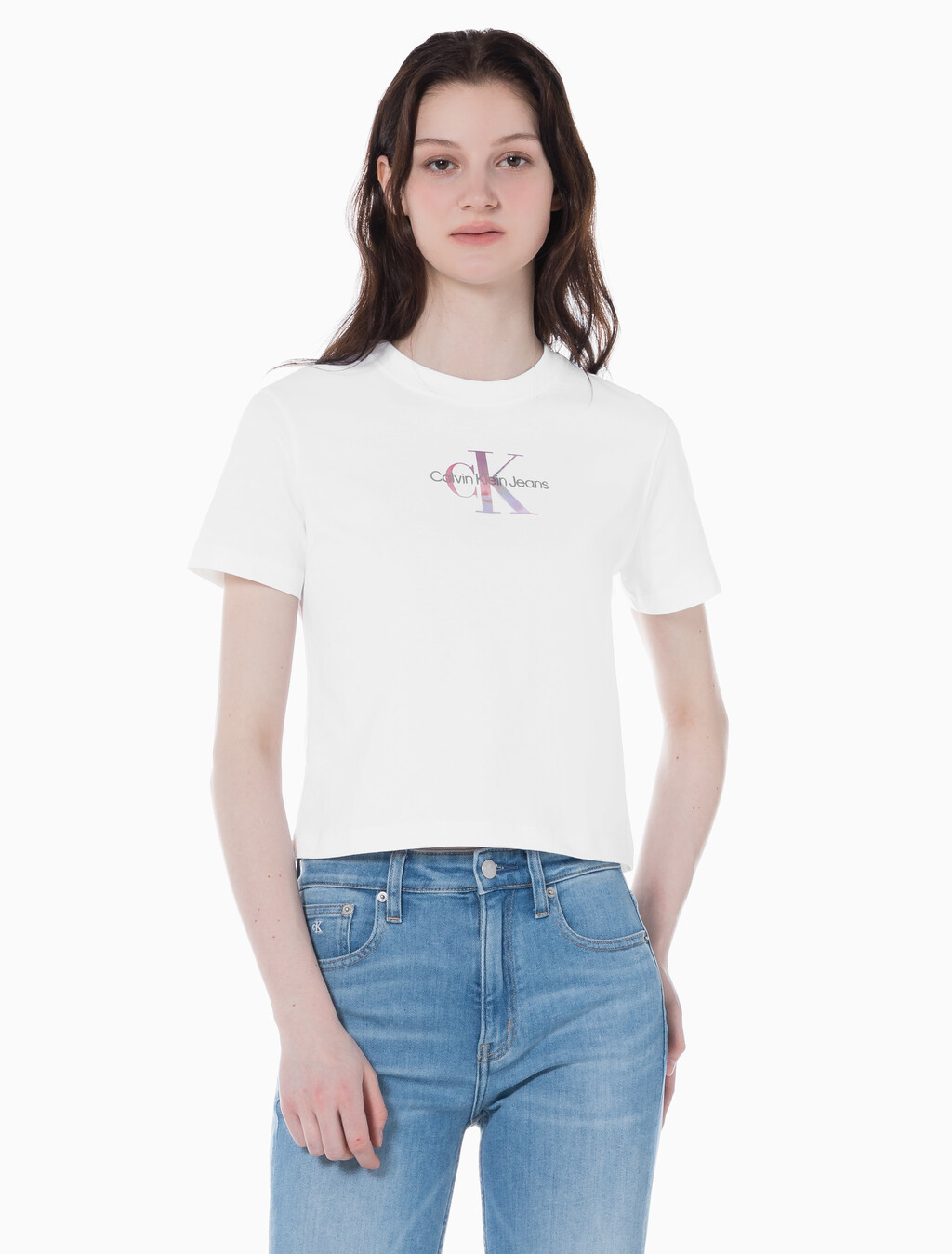 Buy 여성 모노그램 로고 모던 스트레이트핏 반팔 티셔츠 in color BRIGHT WHITE