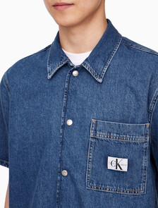 Buy 남성 데님 캠프 반팔 셔츠 in color MID BLUE BACK EMBRO