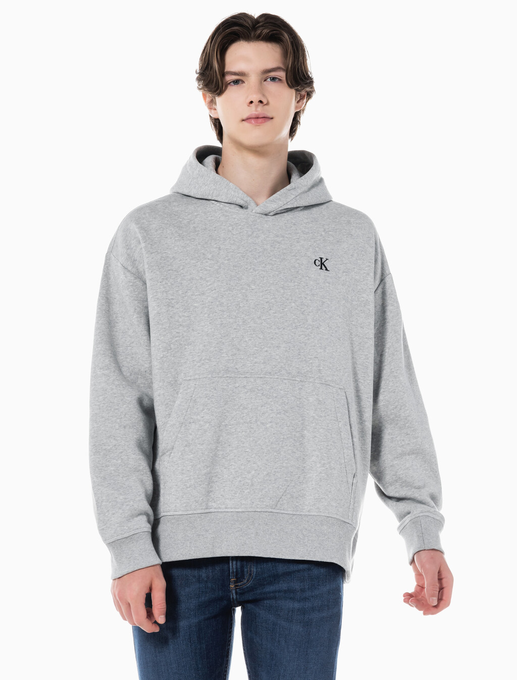 Buy 남성 아카이브 릴렉스핏 CK 스몰 로고 기모 후디 in color GREY HEATHER