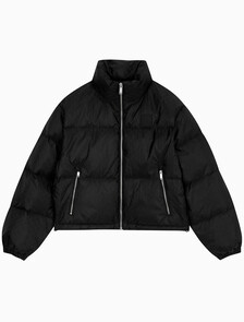 Buy 여성 AOP 로고 자카드 다운 자켓 in color BLACK