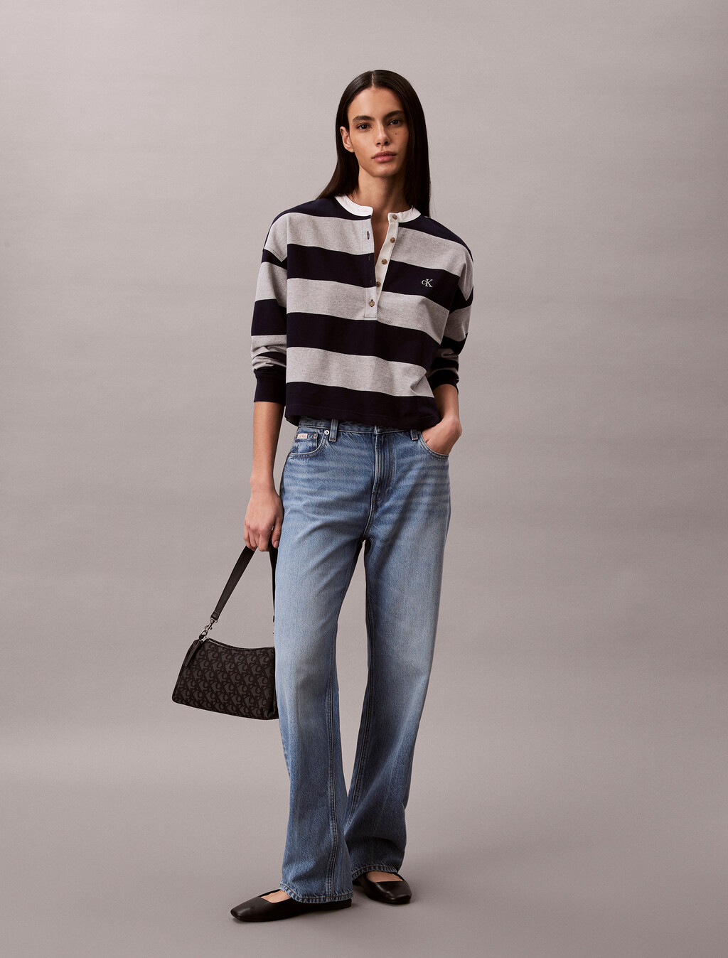 Buy 여성 바시티 스트라이프 헨리 탑 in color BARITONE BLUE