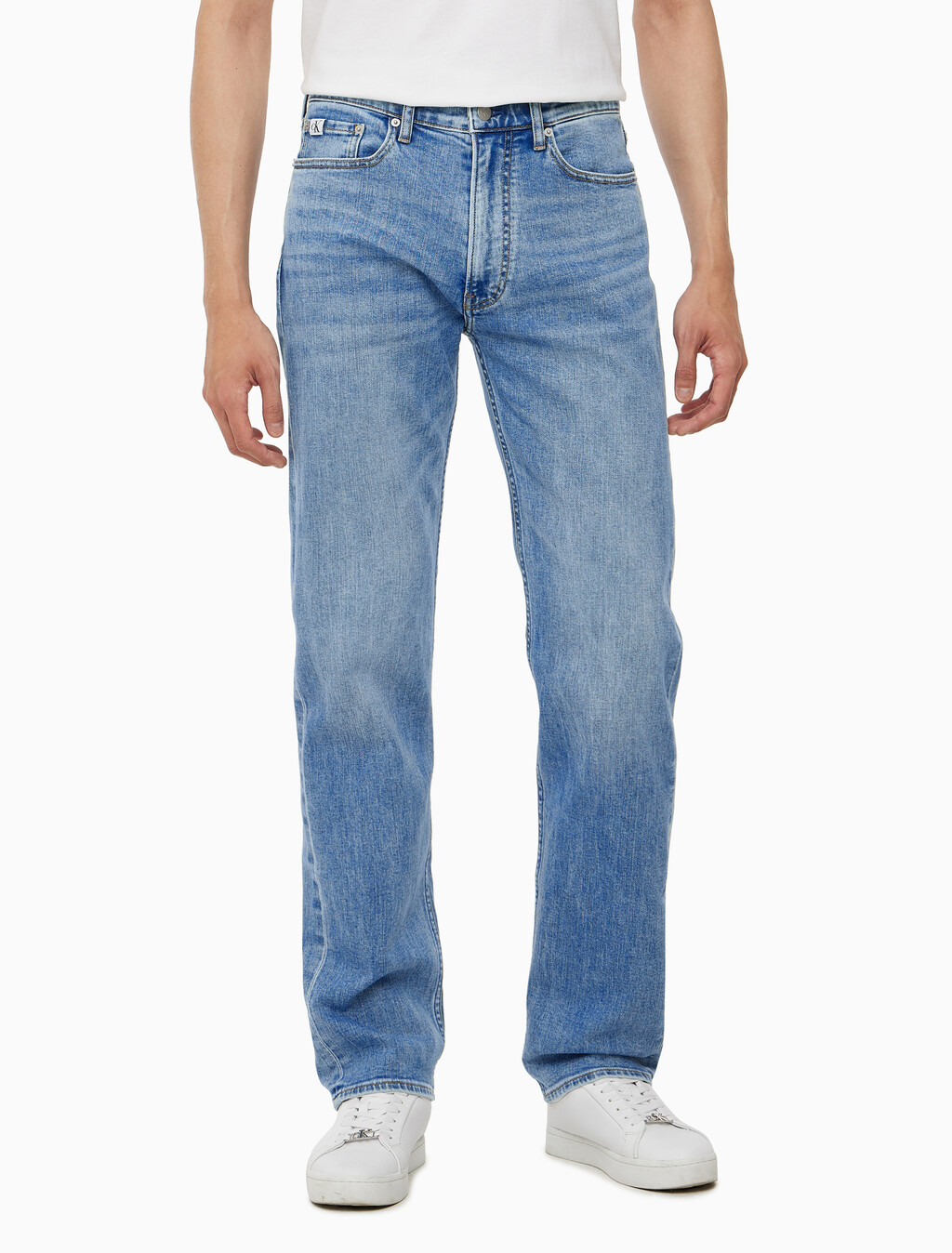 Buy 남성 스탠다드 스트레이트핏 미드블루 워시 데님 in color MID BLUE BACK EMBRO