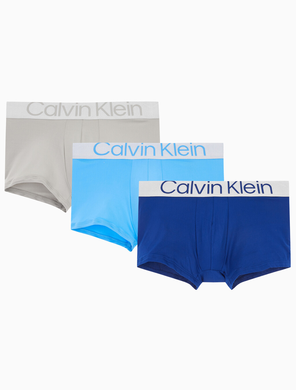 Buy 남성 CK 리컨시더드 스틸 마이크로 로우라이즈 드로즈 3PK in color MIDNIGHT BLUESIGNATURE BLUECLAY GREY