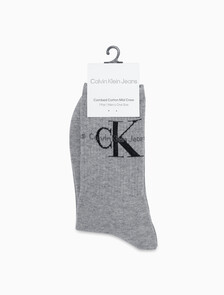 Buy 남성 콤드 코튼 립 크루 모노그램 중목 양말 (화이트 1 PAIR) in color GREY HTR