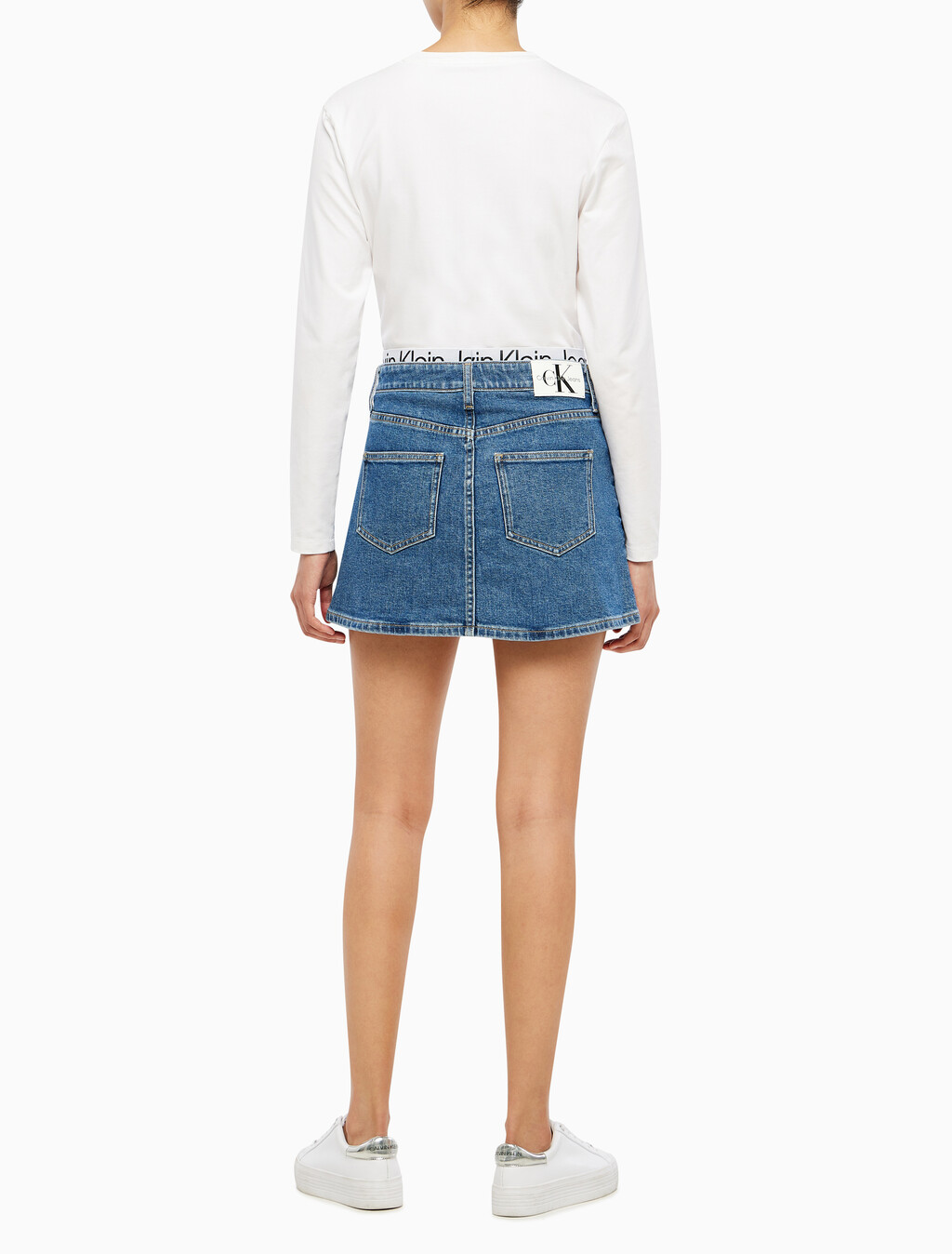 Buy 여성 로우 라이즈 A라인 데님 스커트 in color MID BLUE BACK EMBRO