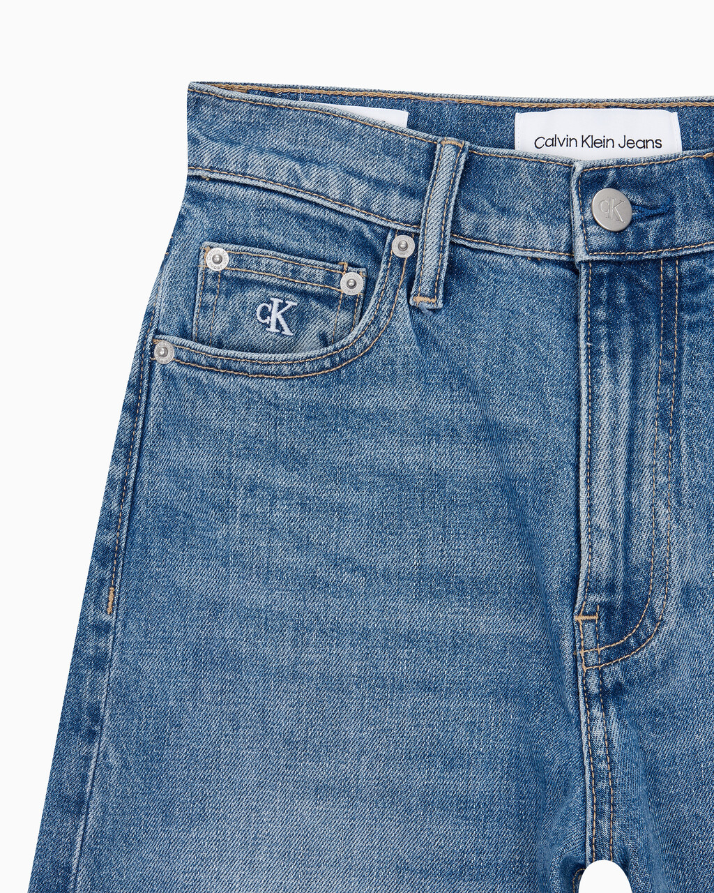 Buy 여성 하이라이즈 와이드핏 미드블루 데님 in color MID BLUE BACK EMBRO