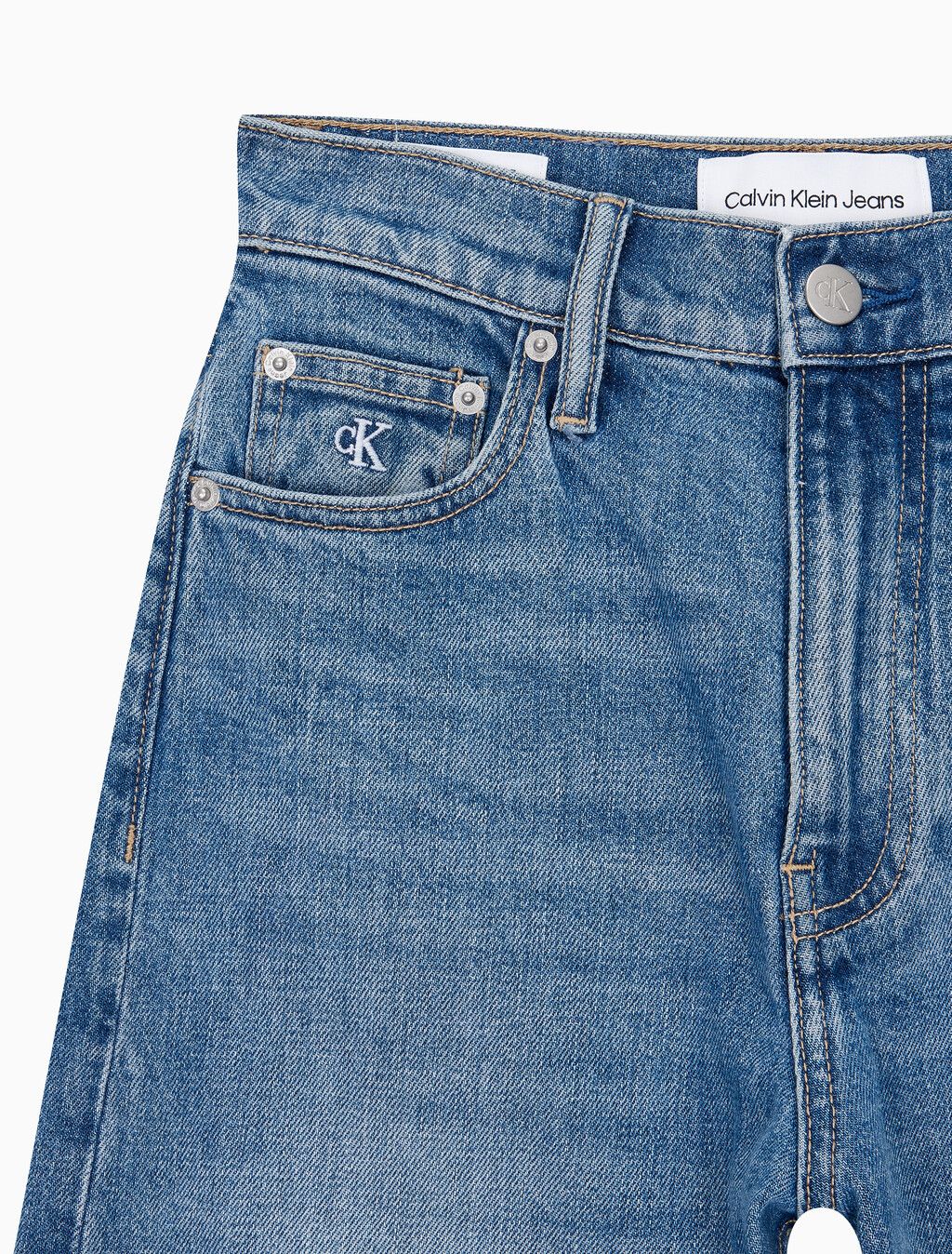 Buy 여성 하이라이즈 와이드핏 미드블루 데님 in color MID BLUE BACK EMBRO