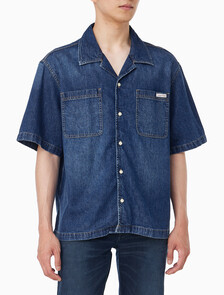Buy 남성 다크블루 코튼 린넨 반팔 데님 셔츠 in color NILE BLUE