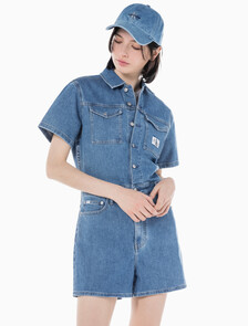 Buy 여성 미드블루 데님 숏 오버롤 in color MID BLUE BACK EMBRO
