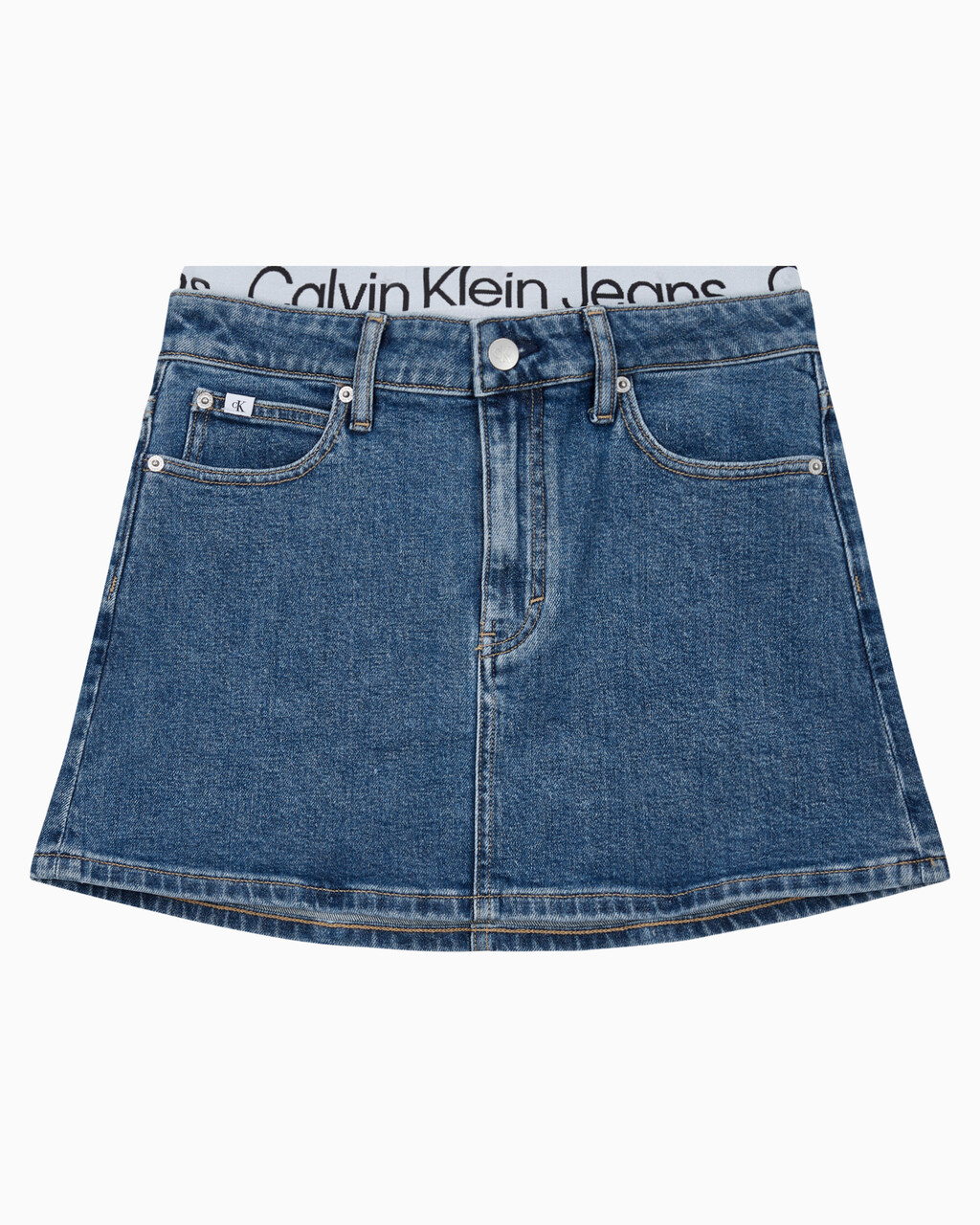 Buy 여성 로우 라이즈 A라인 데님 스커트 in color MID BLUE BACK EMBRO