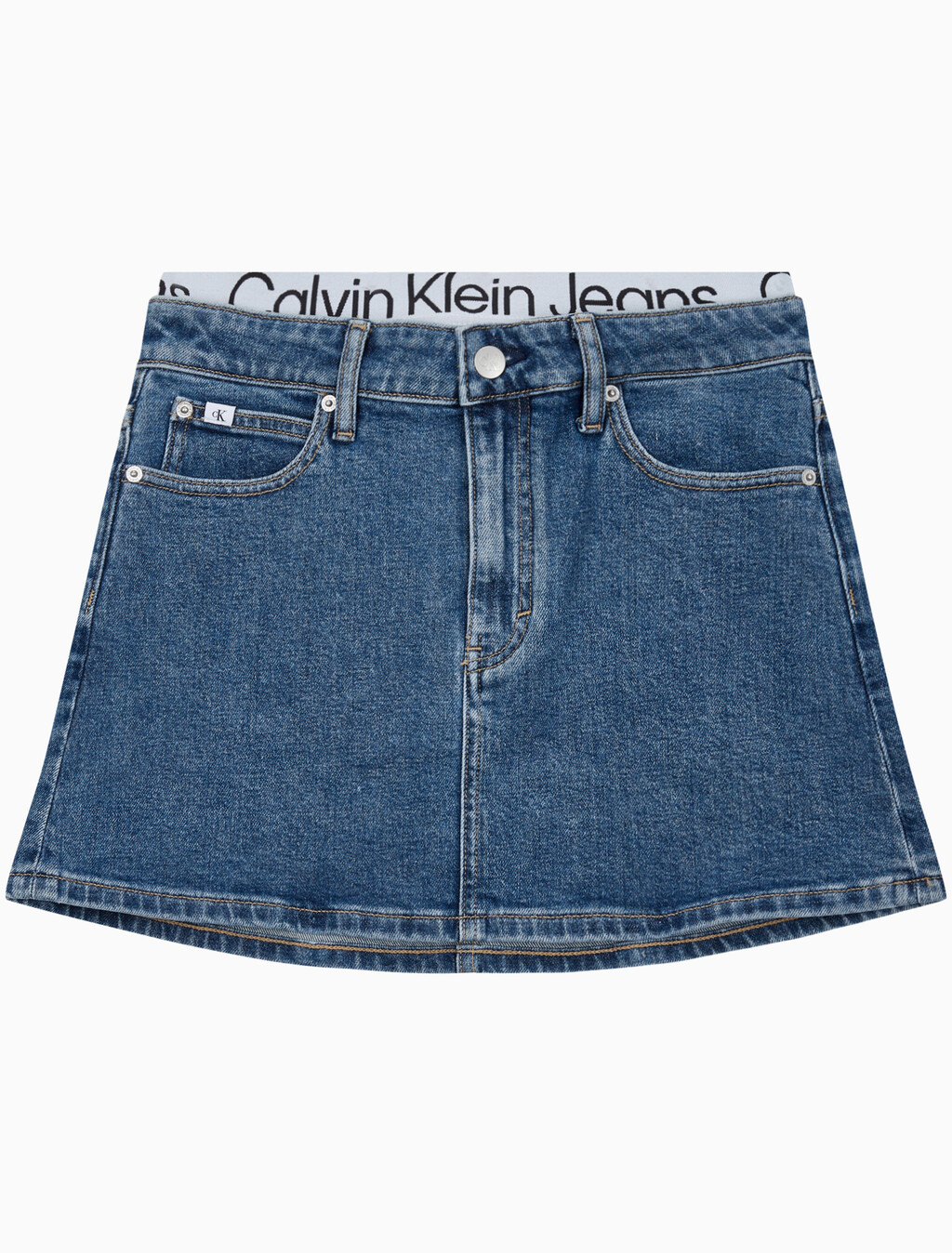 Buy 여성 로우 라이즈 A라인 데님 스커트 in color MID BLUE BACK EMBRO