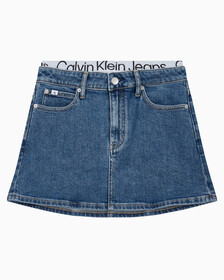 Buy 여성 로우 라이즈 A라인 데님 스커트 in color MID BLUE BACK EMBRO