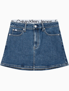 Buy 여성 로우 라이즈 A라인 데님 스커트 in color MID BLUE BACK EMBRO