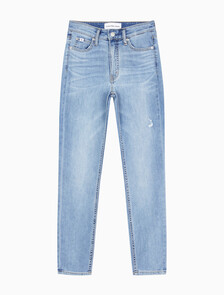 Buy 여성 하이라이즈 스키니핏 앵클 미드블루 에코 쿨 데님 in color MID BLUE BACK EMBRO