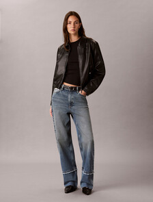 Buy 여성 하이라이즈 루즈 로우 헴 데님 in color Denim Blue
