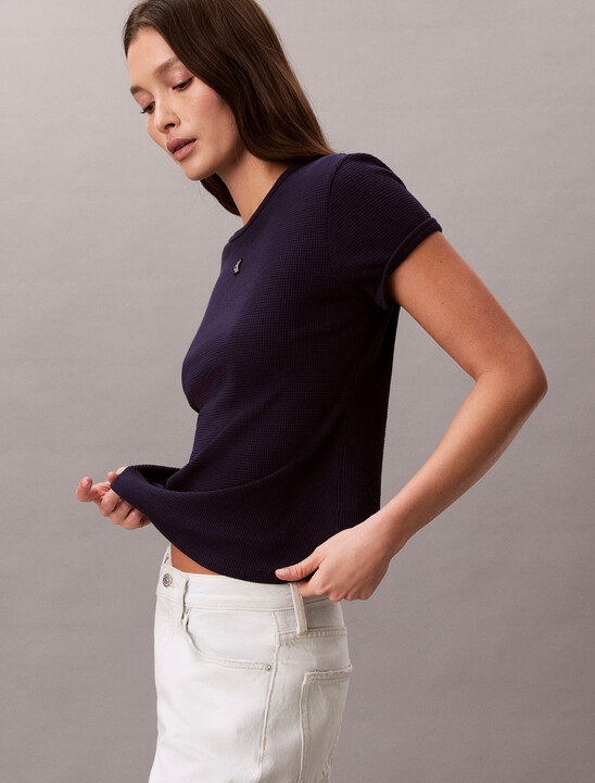 여성 모노그램 패치 슬림 와플 티