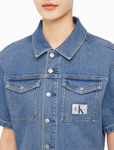 Buy 여성 미드블루 데님 숏 오버롤 in color MID BLUE BACK EMBRO