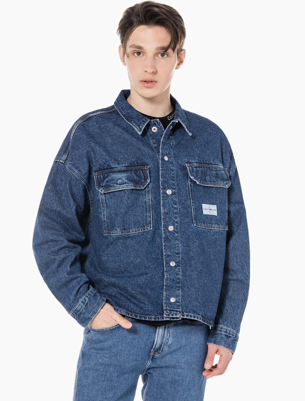 Buy 남성 루즈핏 박시 유틸리티 데님 셔츠 in color BLUE BLACK HANGER LOOP