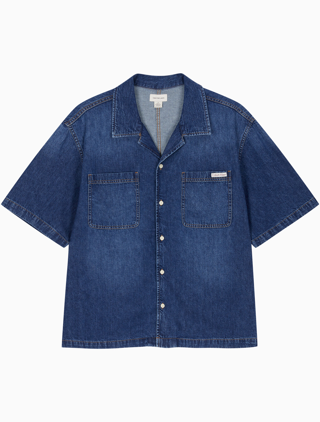 Buy 남성 다크블루 코튼 린넨 반팔 데님 셔츠 in color NILE BLUE