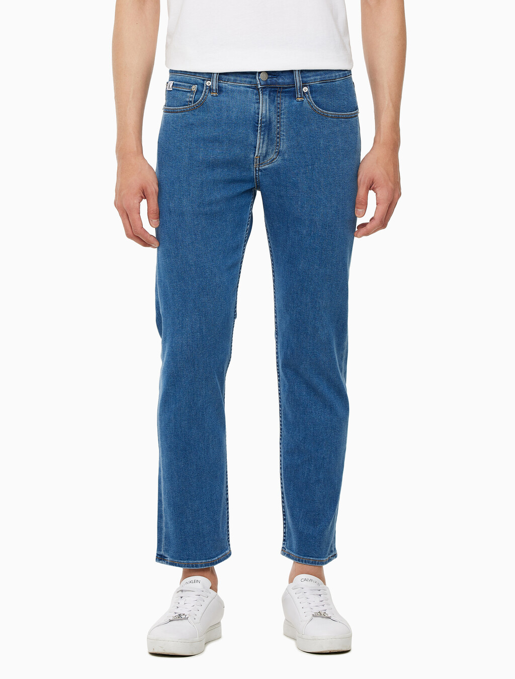 Buy 남성 슬림 스트레이트 크롭핏 미드블루 에코 쿨 데님 in color MID BLUE BACK EMBRO