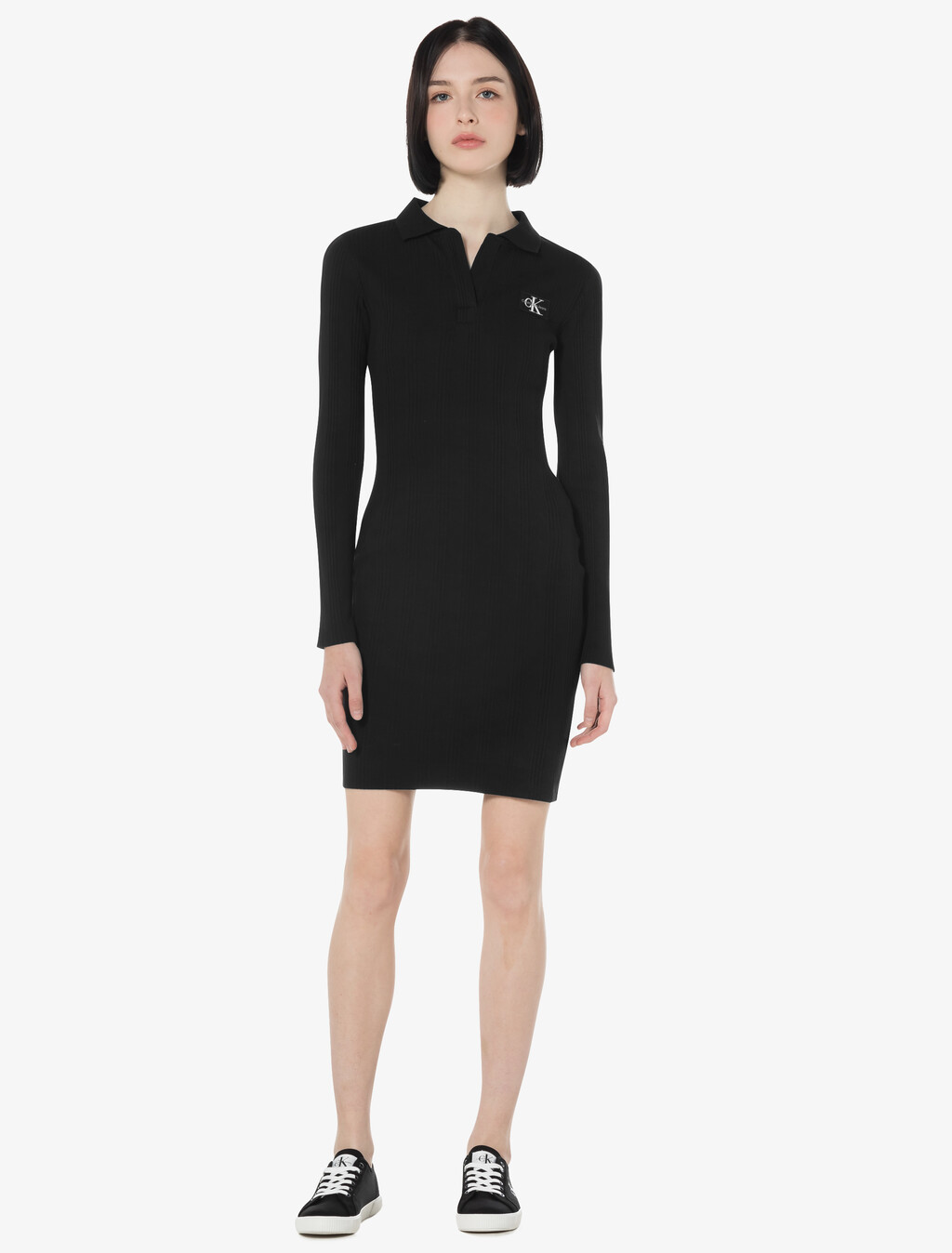 Buy 여성 모노그램 로고 뱃지 폴로 카라 립 원피스 in color CK BLACK