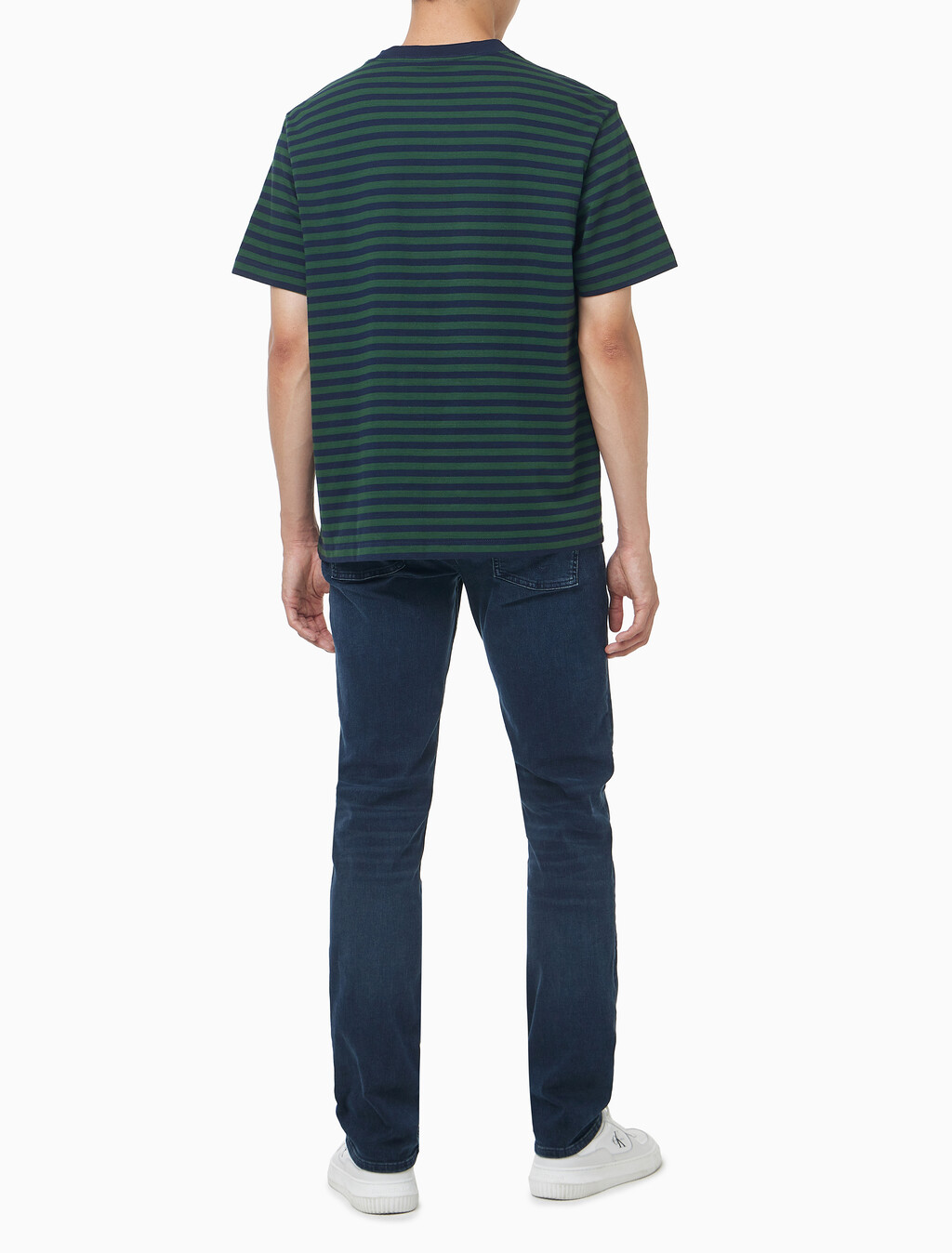 Buy 남성 스트라이프 모노그램 로고 반팔 티셔츠 in color Navy