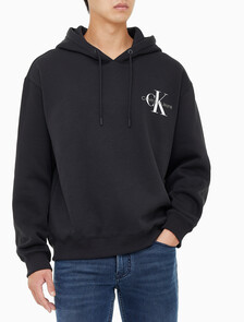 Buy 남녀공용 릴렉스핏 스몰 모노그램 로고 기모 후디 in color CK BLACK