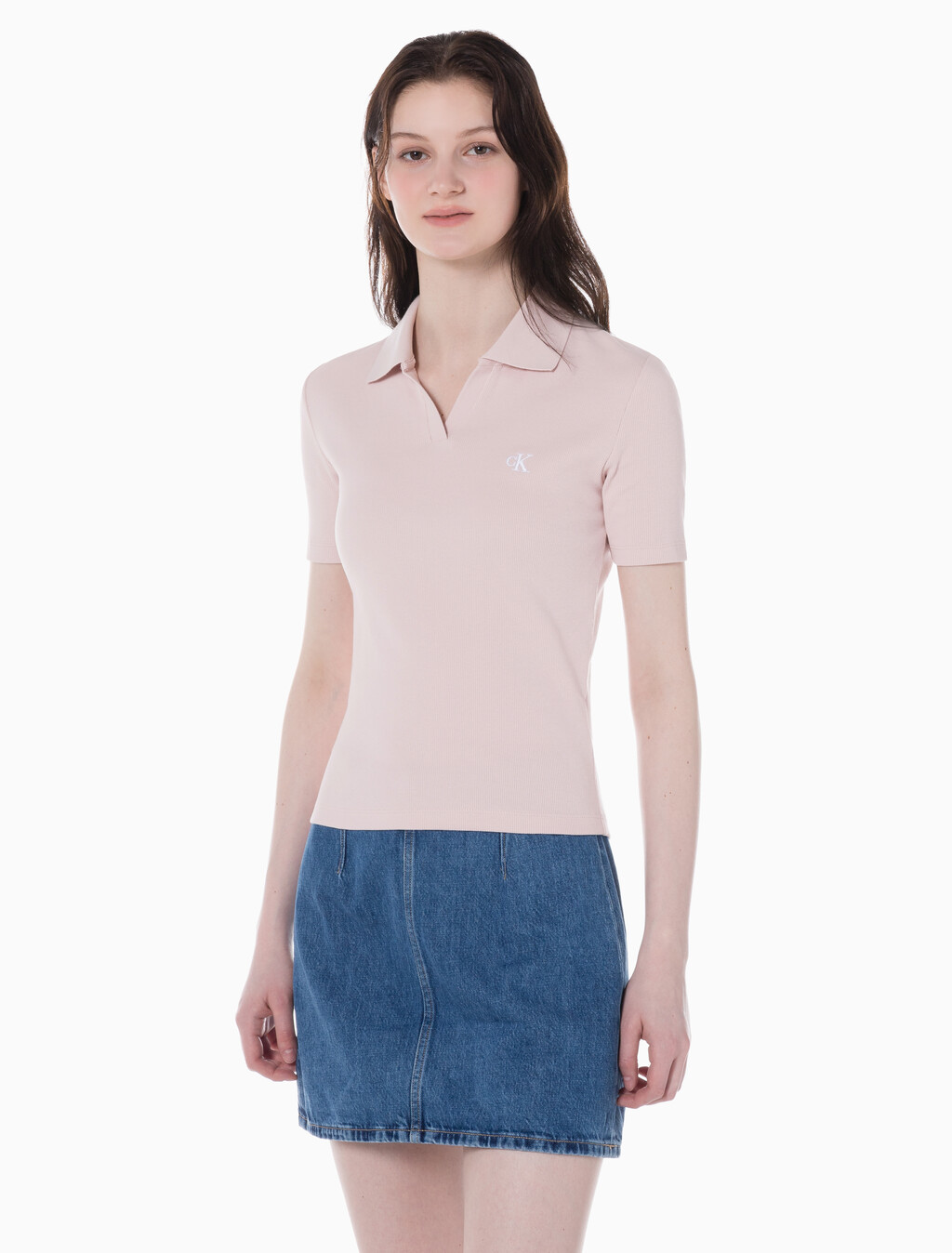 Buy 여성 슬림핏 립 브이넥 폴로 티셔츠 in color PINK