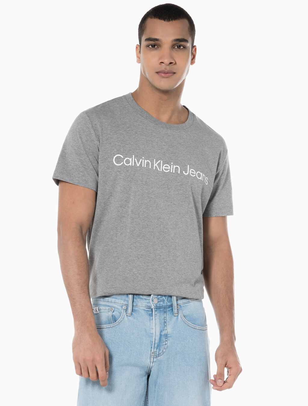 Buy 남성 레귤러핏 인스티튜셔널 로고 스트레치 반팔 티셔츠  in color MID GREY HEATHER