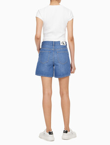 Buy 여성 하이라이즈 와이드 레그 데님 쇼츠 in color MID BLUE BACK EMBRO