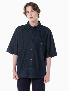 Buy 남성 캠프 반팔 데님 셔츠 in color BLUE BLACK HANGER LOOP