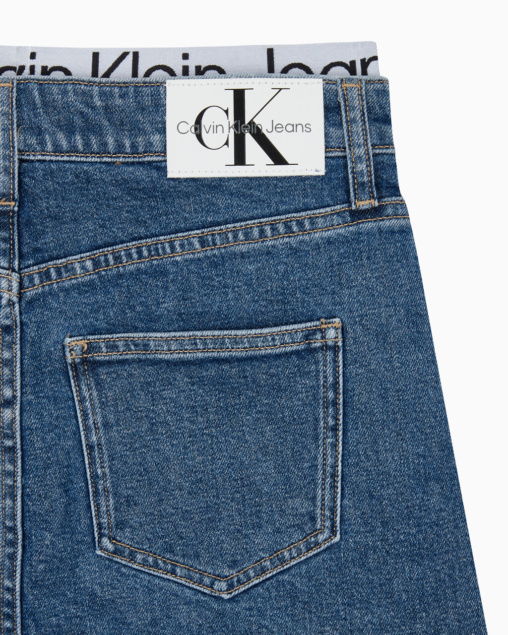 Buy 여성 로우 라이즈 A라인 데님 스커트 in color MID BLUE BACK EMBRO