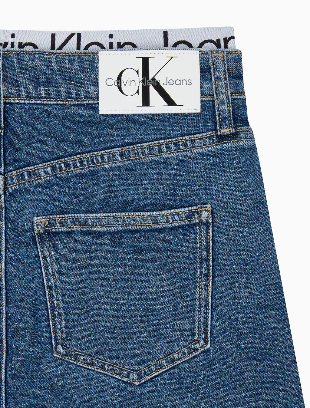 Buy 여성 로우 라이즈 A라인 데님 스커트 in color MID BLUE BACK EMBRO