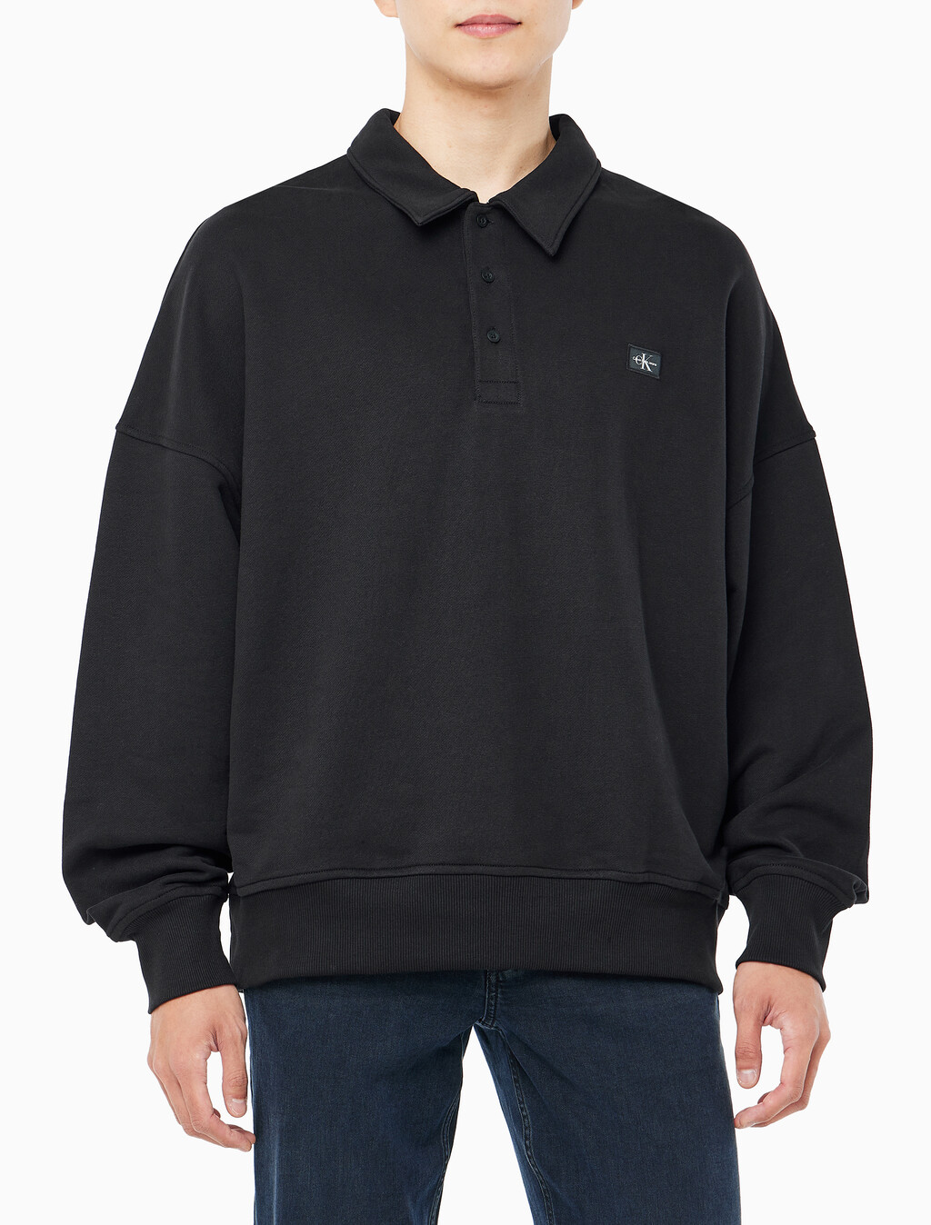 Buy 남성 릴렉스핏 하프 버튼 럭비 스웻셔츠 in color CK BLACK