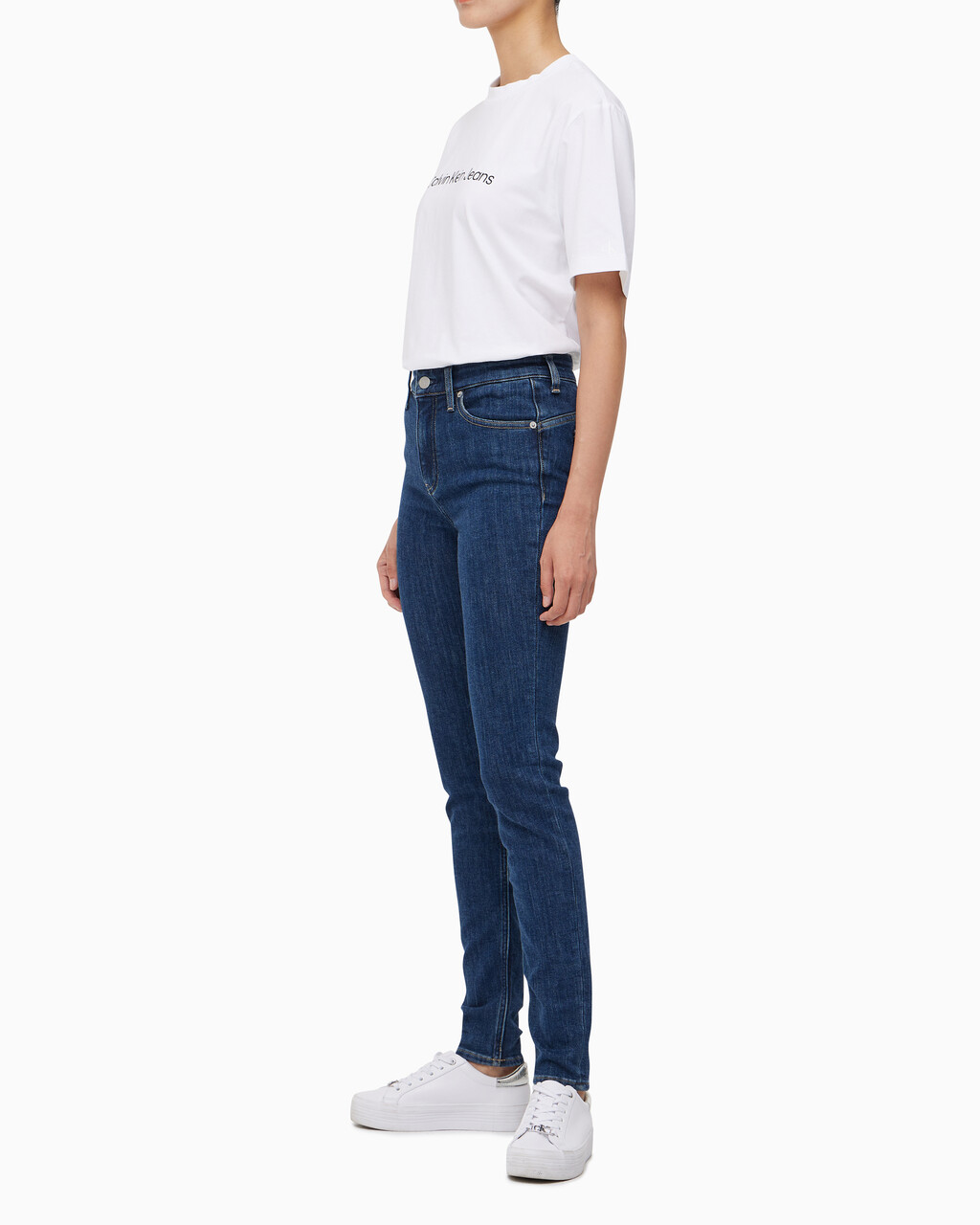 Buy 여성 하이라이즈 스키니핏 기모 미드블루 데님 in color MID BLUE BACK EMBRO