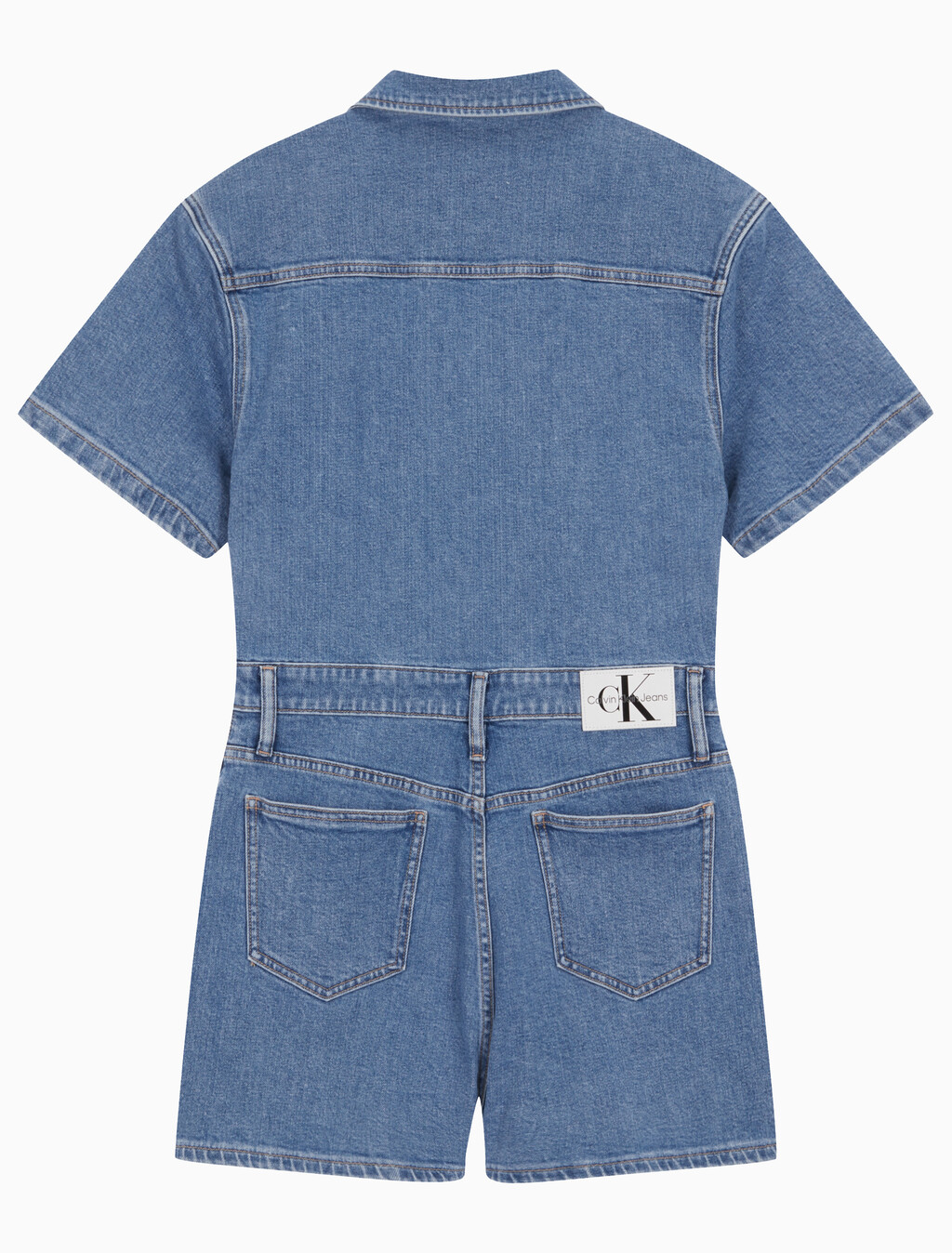 Buy 여성 미드블루 데님 숏 오버롤 in color MID BLUE BACK EMBRO