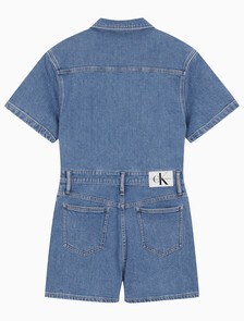 Buy 여성 미드블루 데님 숏 오버롤 in color MID BLUE BACK EMBRO
