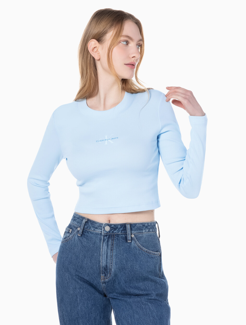 Buy 여성 롱슬리브 모노그램 베이비 티 in color KEEPSAKE BLUE