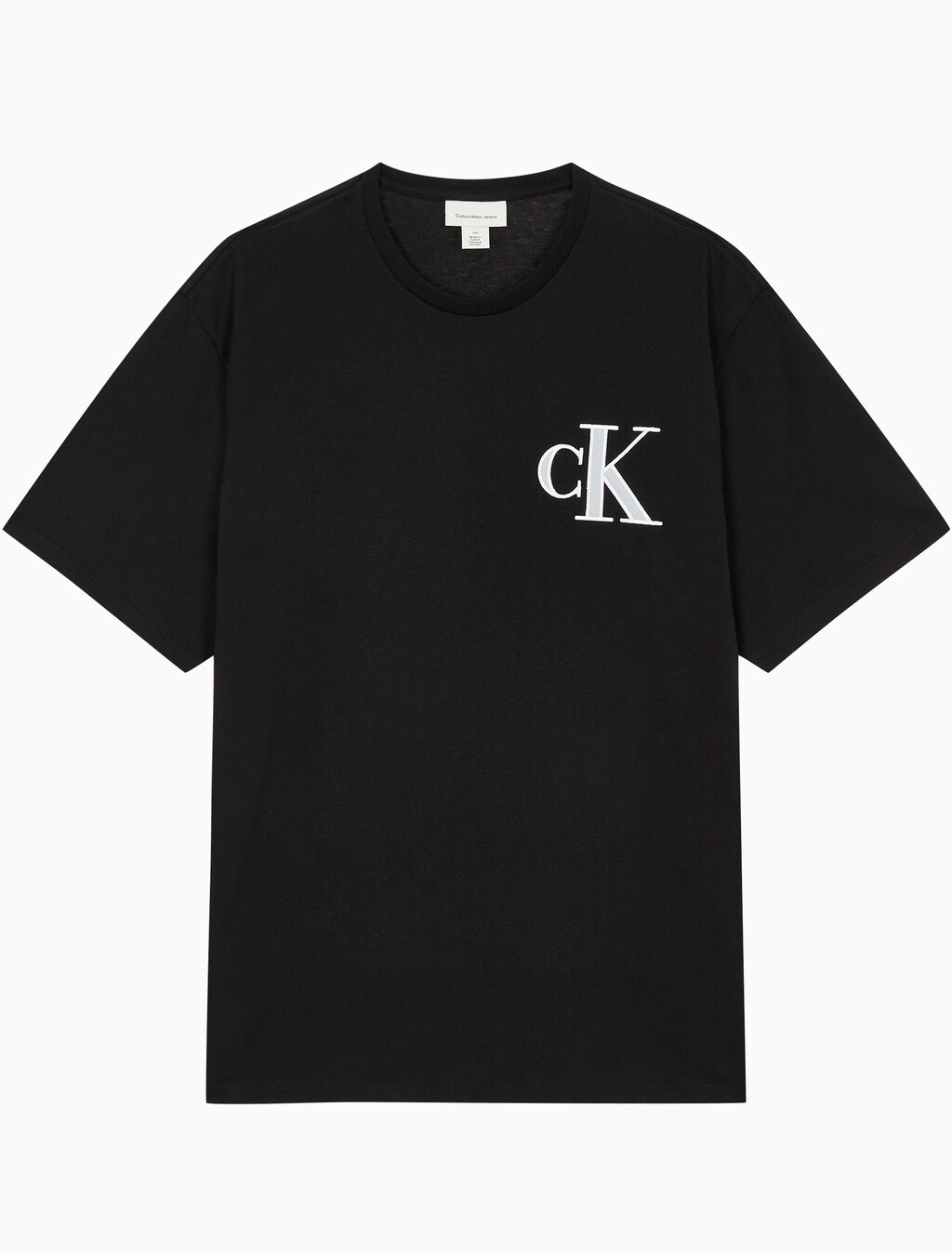 Buy 남성 릴렉스핏 바시티 CK 로고 패치 반팔 티셔츠 in color BLACK