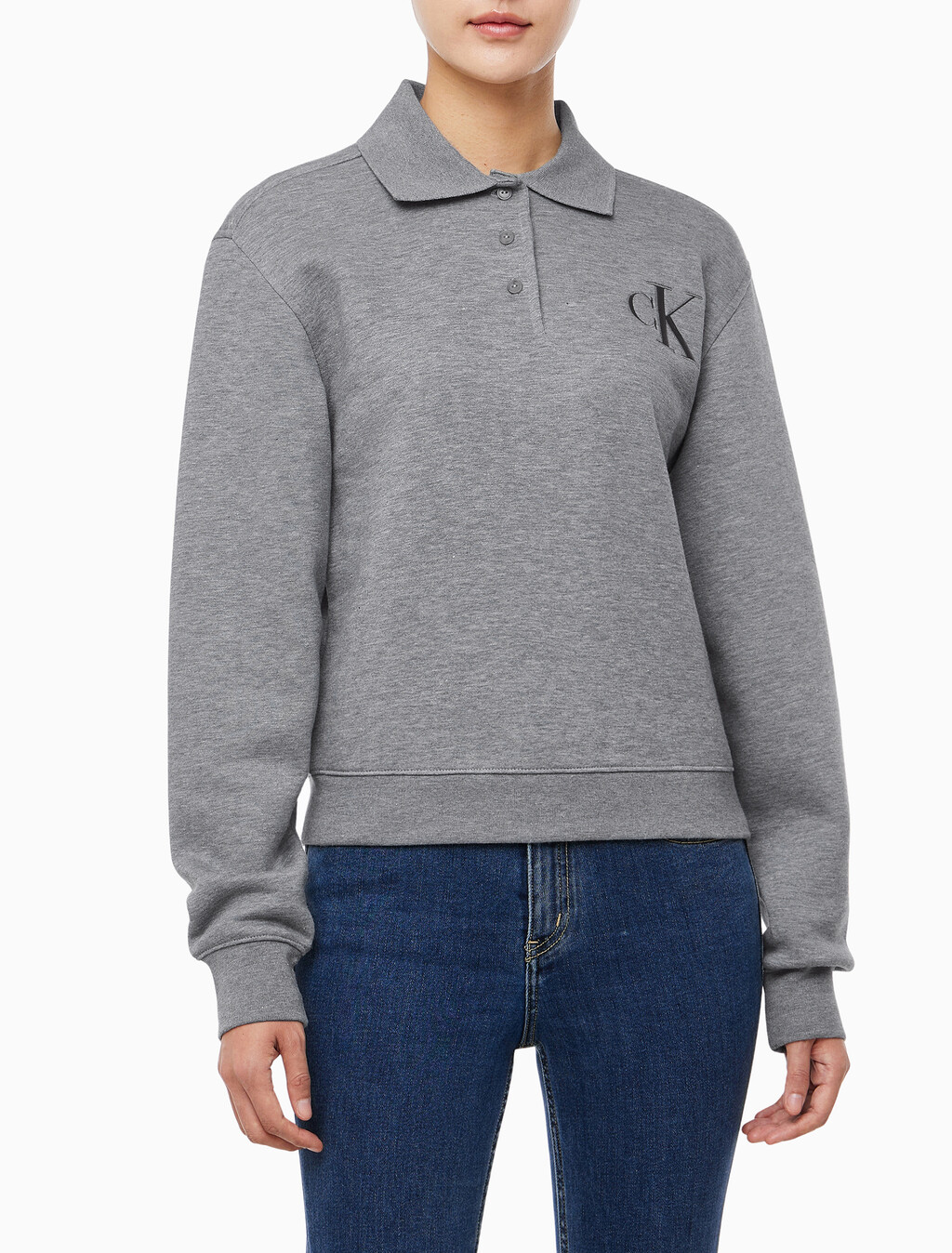 Buy 여성 코튼 모달 플리스 폴로 스웻셔츠 in color MEDIUM GREY HEATHER