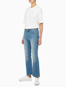 Buy 여성 하이라이즈 바디슬림 부츠핏 앵클 미드블루  데님 in color MID BLUE BACK EMBRO