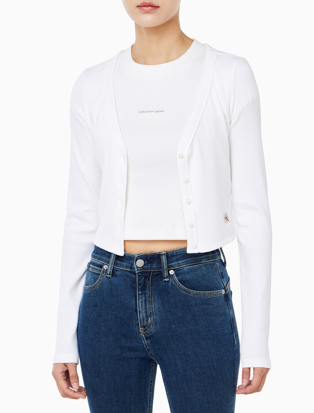 Buy 여성 우븐라벨 베이비립 가디건 in color BRIGHT WHITE