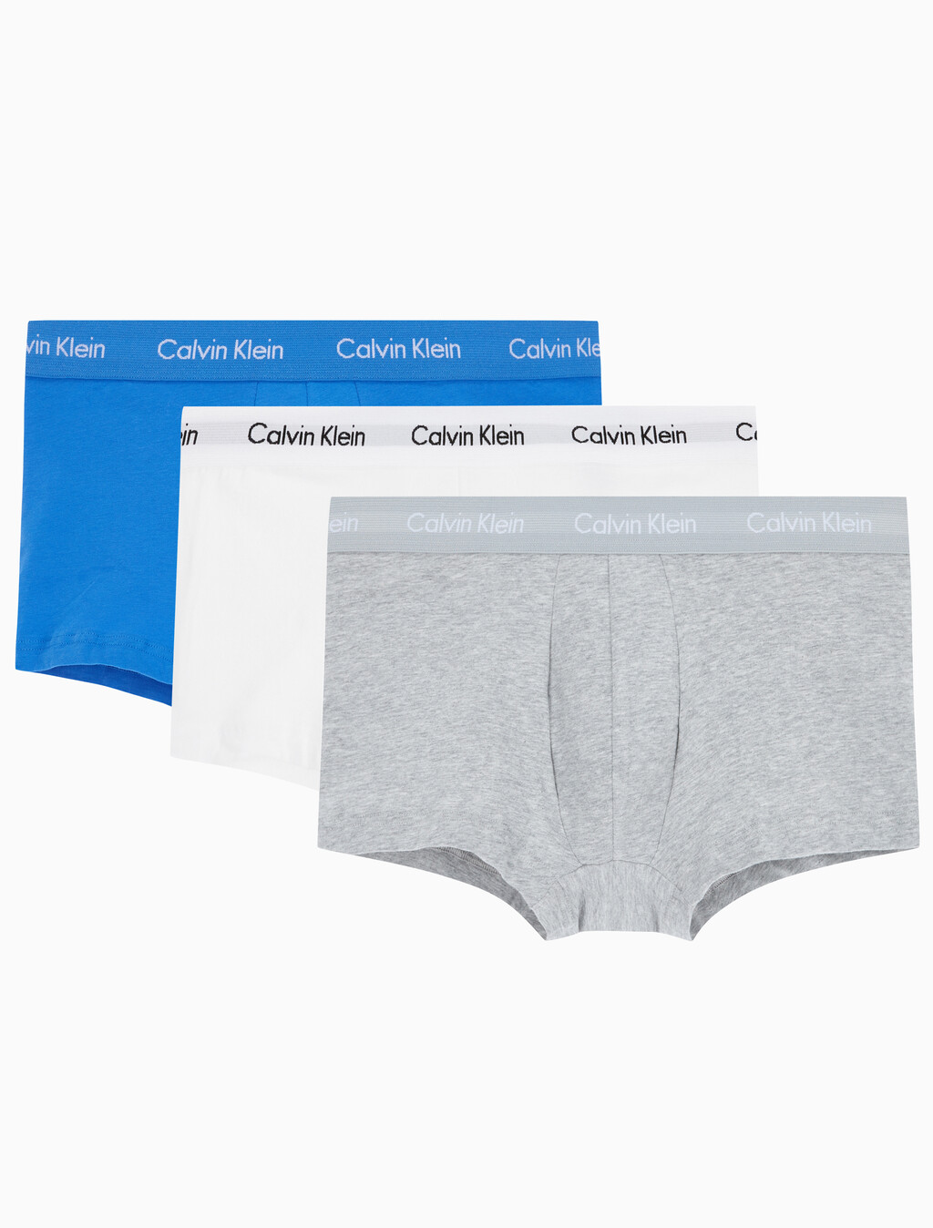Buy 남성 EU 코튼 스트레치 3PK 로우 라이즈 드로즈 3PK in color GREY HEATHER/CLASSIC WHITE/PALACE BLUE