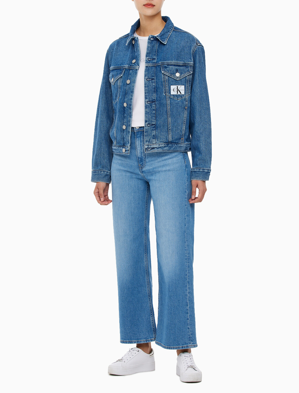 Buy 여성 모노그램 뱃지 데님 자켓 in color MID BLUE BACK EMBRO
