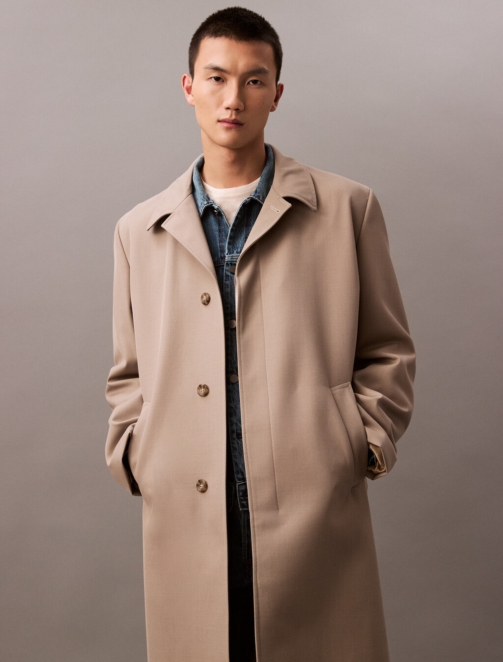 Buy 남성 롱슬리브 코튼 트윌 카 코트 in color OVERCAST 