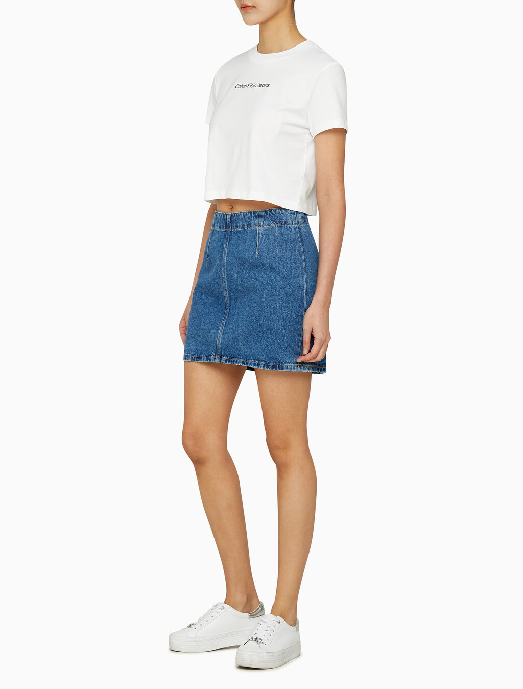 Buy 여성 미드라이즈 A라인 다티드 미니 스커트 in color MID BLUE BACK EMBRO